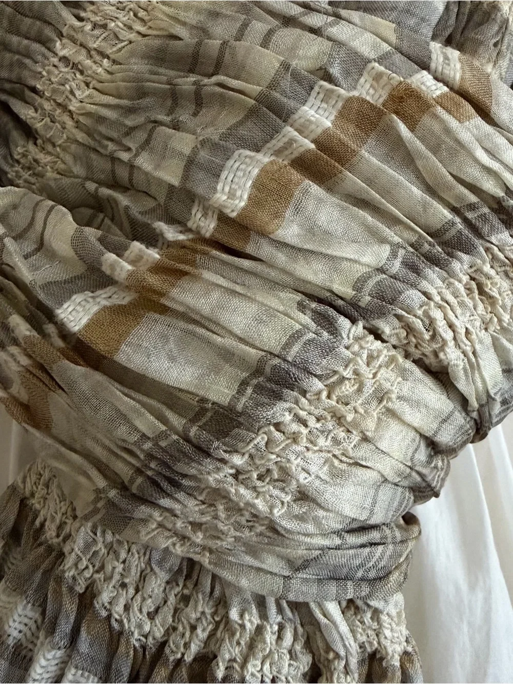 Eileen Fisher 100% Silk Crinkle Scarf Wrap Gray Taupe Stripe Fringe MSRP $179